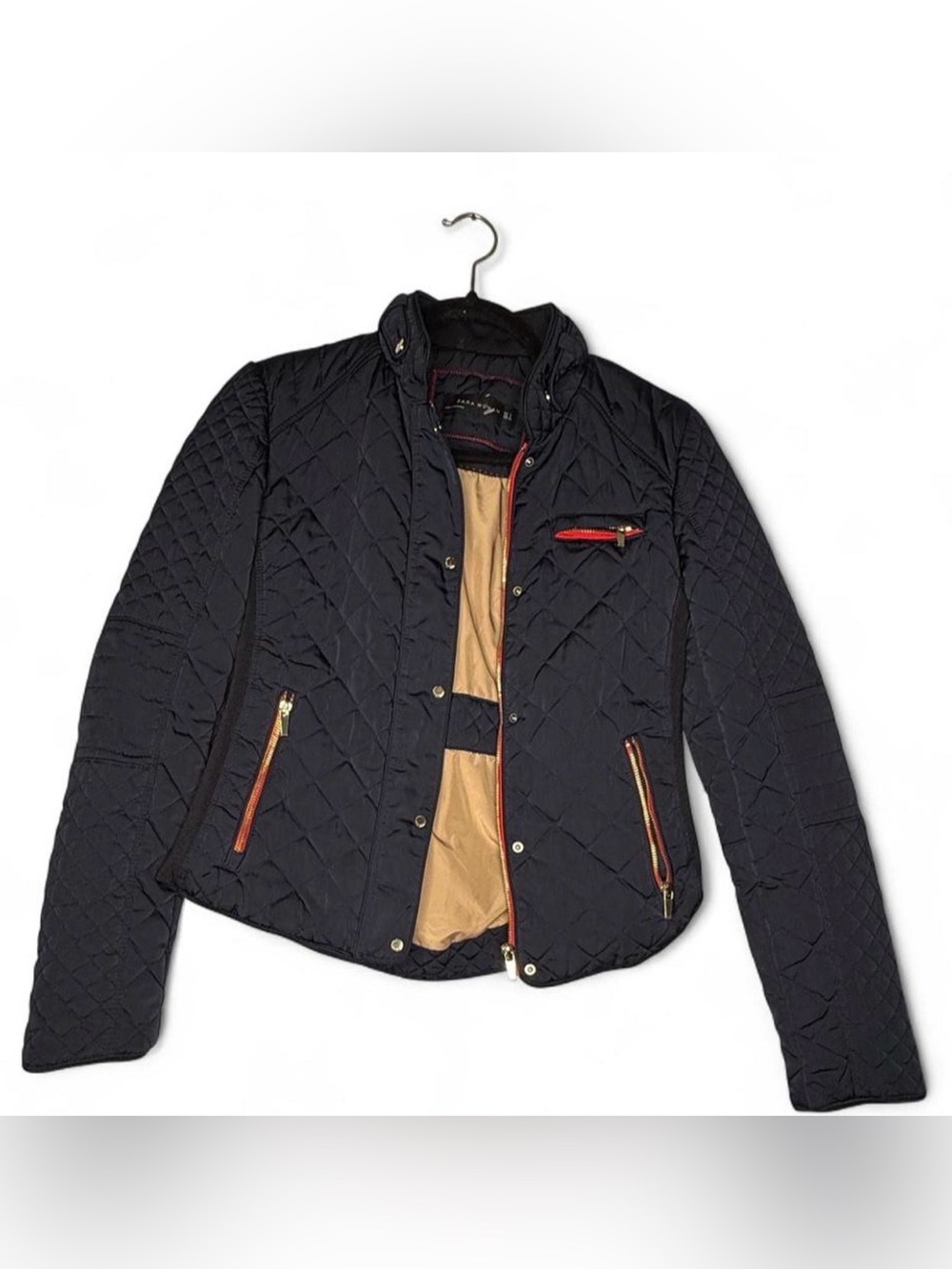 Zara Black Quilted Puffer Jacket with Tan Interior and red accents Size S Women